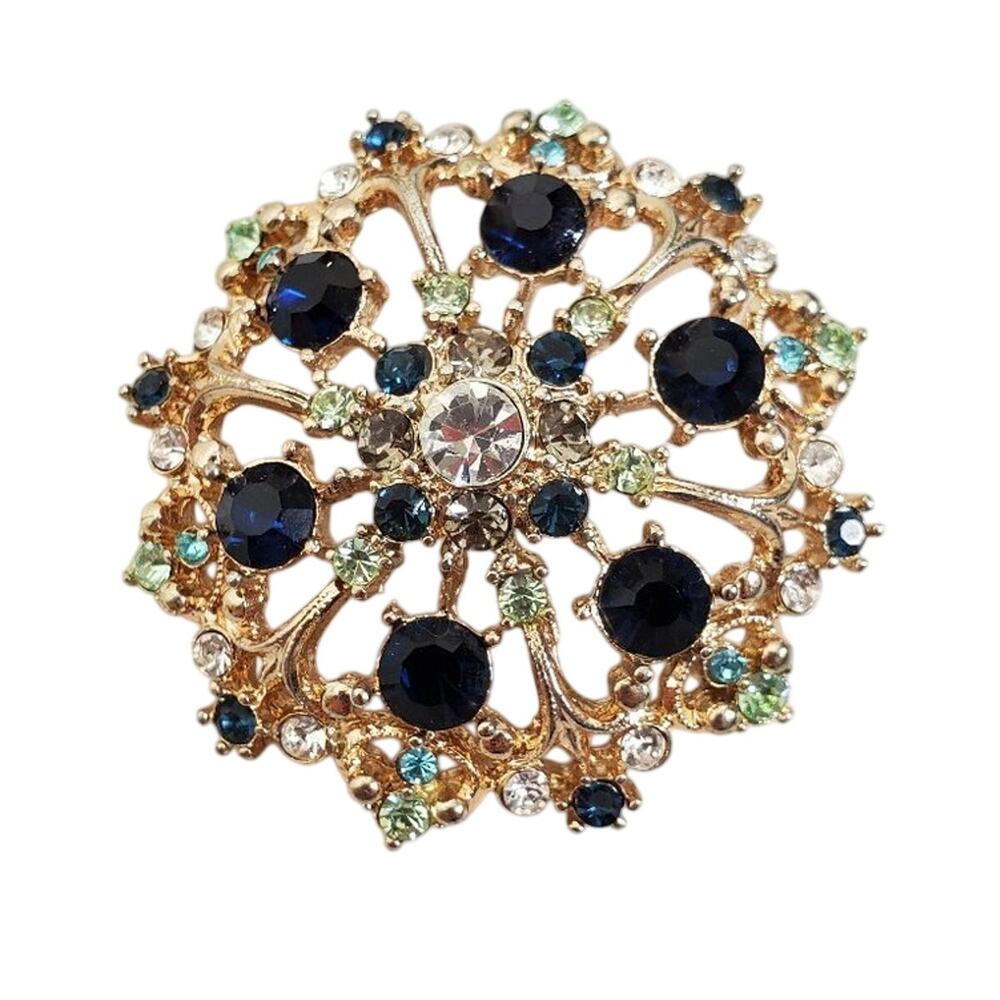 Vintage Rhinestone Brooch Multicolored Gold Tone Circle Wreath Statement Pin